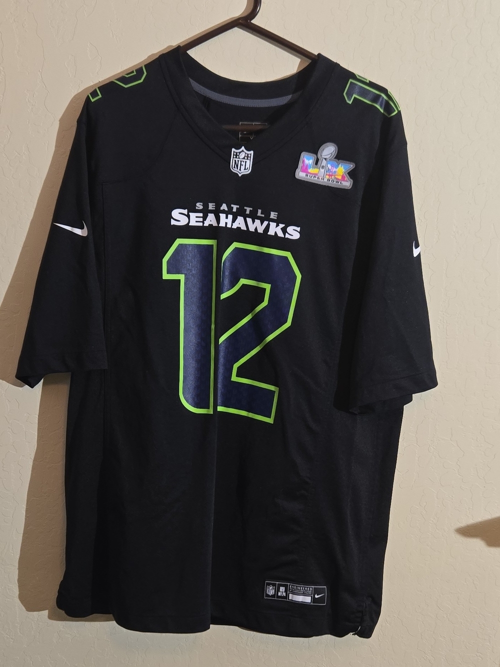 Seattle Seahawks #12 Football Jersey in Black with Neon Green Trim - Nike NFL